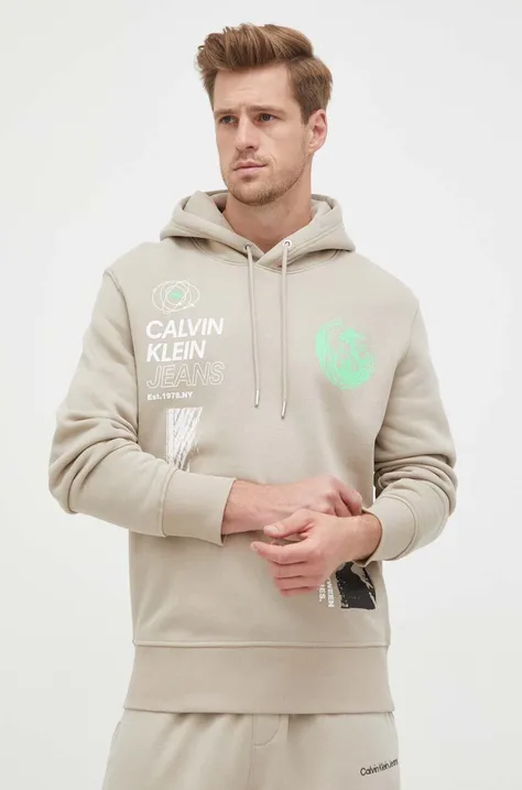 Pulover Calvin Klein Jeans moška, bež barva, s kapuco