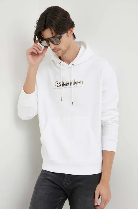 Bombažen pulover Calvin Klein moška, bela barva, s kapuco