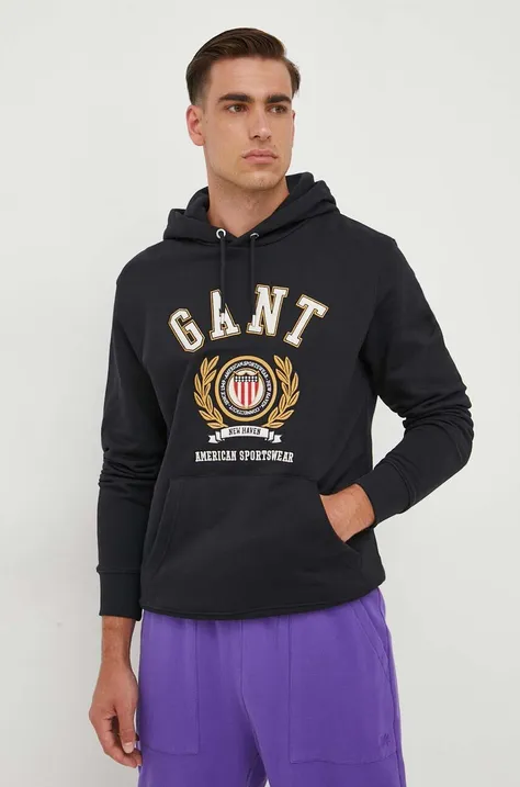 Bombažen pulover Gant moška, črna barva, s kapuco