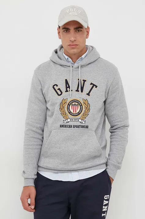 Хлопковая кофта Gant мужская цвет серый с капюшоном с аппликацией