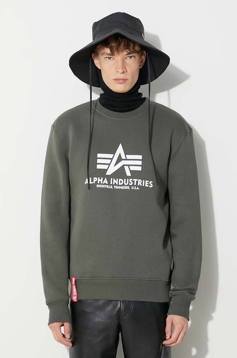Alpha Industries bluză Basic Sweater bărbați, culoarea verde, cu imprimeu 178302.142