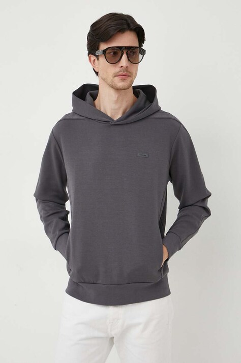 Mikina Calvin Klein pánská, šedá barva, s kapucí, s aplikací