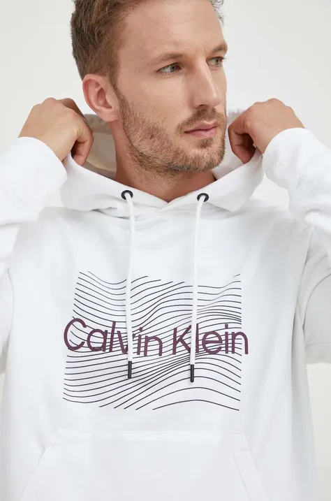 Calvin Klein hanorac de bumbac barbati, culoarea alb, cu glugă, cu imprimeu