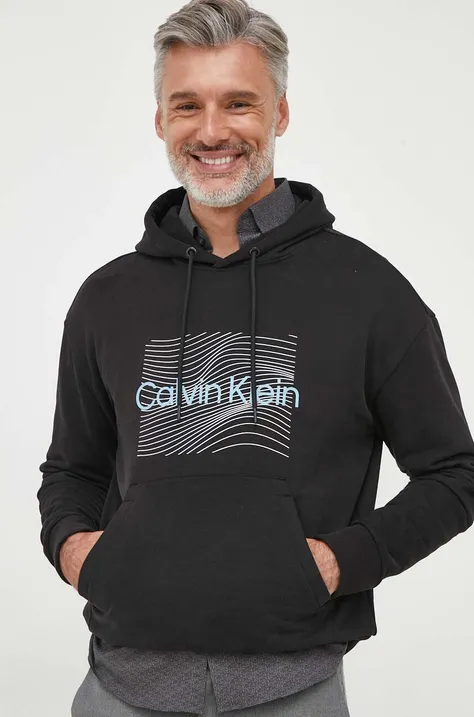 Bavlnená mikina Calvin Klein pánska, čierna farba, s kapucňou, s potlačou