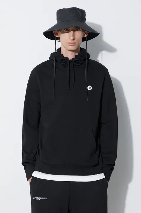 Хлопковая кофта Wood Wood Ash hoodie мужская цвет чёрный с капюшоном однотонная 10005616.2424