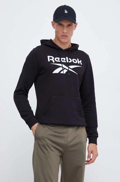 Reebok bluza barbati, culoarea negru, cu glugă, cu imprimeu