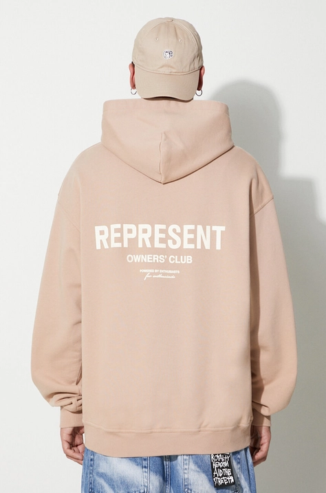 Pamučna dukserica Represent Owners Club Hoodie za muškarce, boja: bež, s kapuljačom, s tiskom