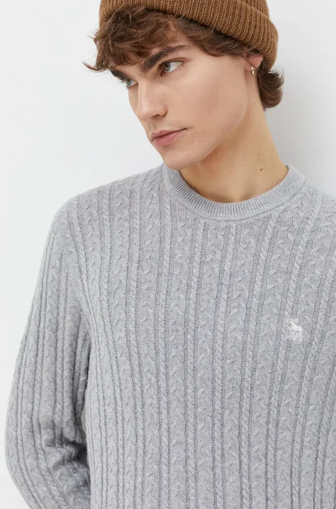 Пуловер с вълна Abercrombie & Fitch мъжки в сиво от лека материя