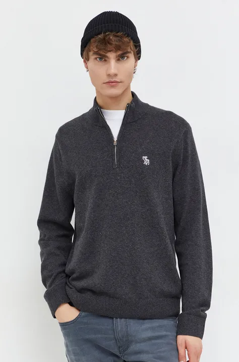 Пуловер с вълна Abercrombie & Fitch мъжки в сиво от лека материя с ниско поло
