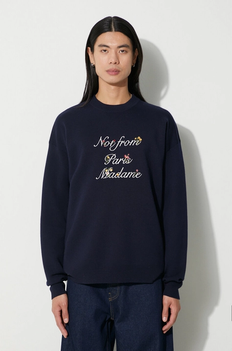 Drôle de Monsieur wool jumper La Maille Slogan r Fleu men’s navy blue color C-PO133-WO007-NY