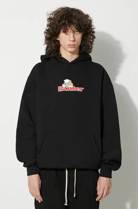 Mikina Butter Goods Teddy Logo Pullover Hood pánska, čierna farba, s kapucňou, s potlačou, BGQ3231301