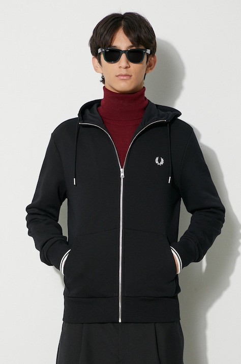 Fred Perry bluza bawełniana męska kolor czarny z kapturem gładka J7536.198