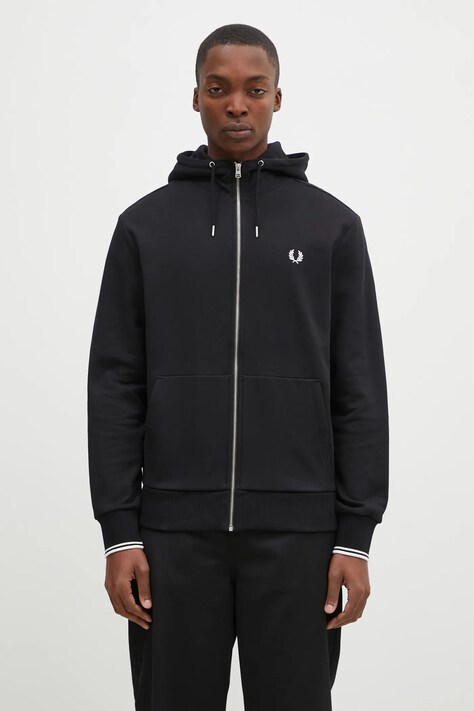 Хлопковая кофта Fred Perry мужская цвет чёрный с капюшоном однотонная J7536.198