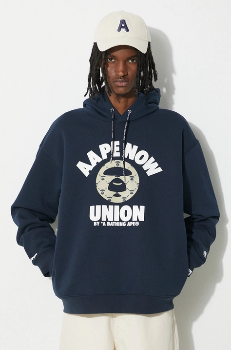 Суичър AAPE Loose Fit Hoodie College в тъмносиньо с качулка с принт ASWA328