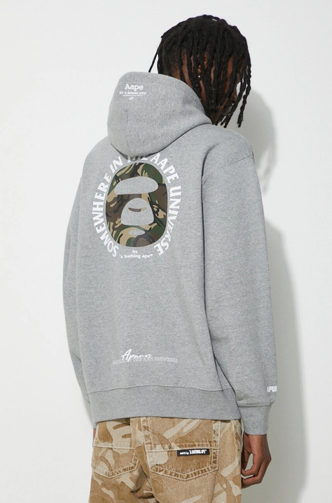 Mikina AAPE Loose Fit Hoodie Back Moonface pánska, šedá farba, s kapucňou, s potlačou, ASWA327