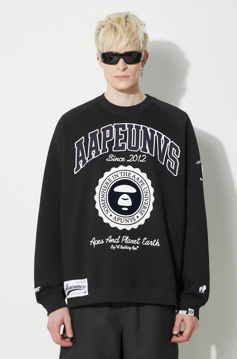 AAPE sweatshirt Crewneck Fleece men's black color with a print ASWA348