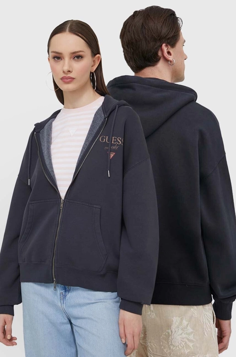 Mikina Guess Originals šedá farba, s kapucňou, s potlačou