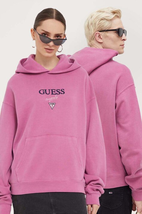 Guess Originals bluza culoarea violet, cu glugă, cu imprimeu