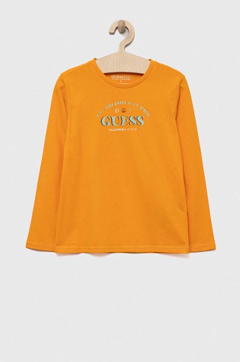 Guess longsleeve din bumbac pentru copii culoarea portocaliu, cu imprimeu