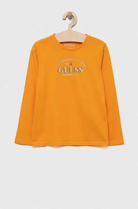 Otroška bombažna majica z dolgimi rokavi Guess oranžna barva