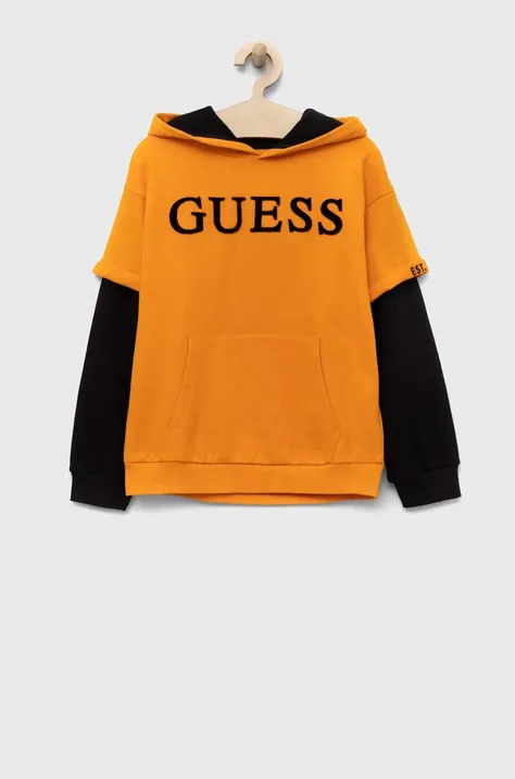 Otroški bombažen pulover Guess oranžna barva, s kapuco