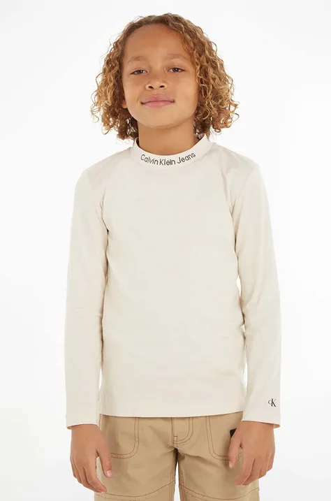 Otroška bombažna majica z dolgimi rokavi Calvin Klein Jeans bež barva