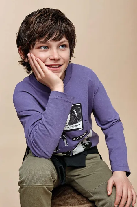 Detská bavlnená košeľa s dlhým rukávom Mayoral fialová farba, s potlačou