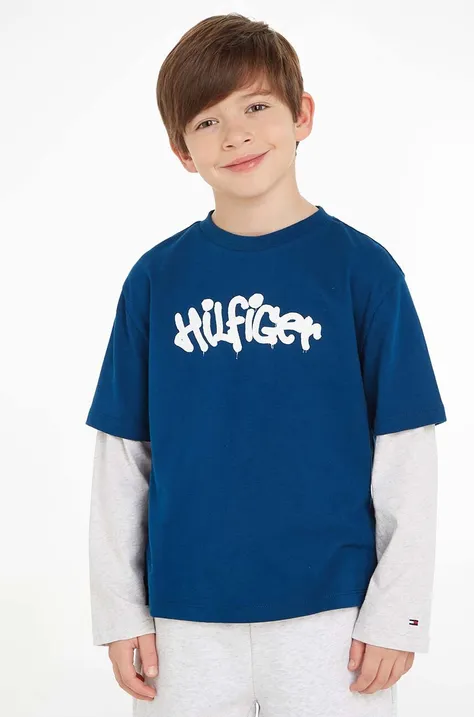 Detská bavlnená košeľa s dlhým rukávom Tommy Hilfiger tmavomodrá farba, s potlačou