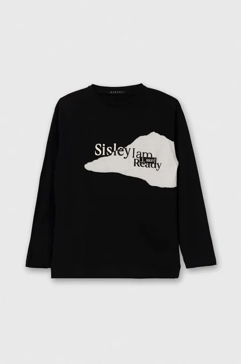 Sisley longsleeve bawełniany dziecięcy kolor czarny z nadrukiem