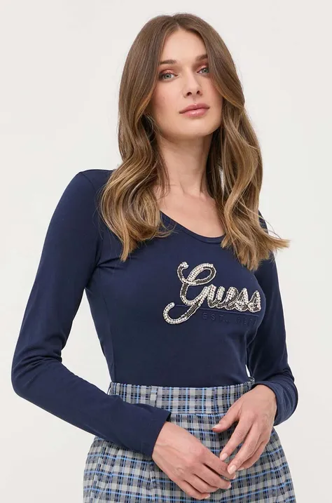 Majica dugih rukava Guess za žene, boja: tamno plava