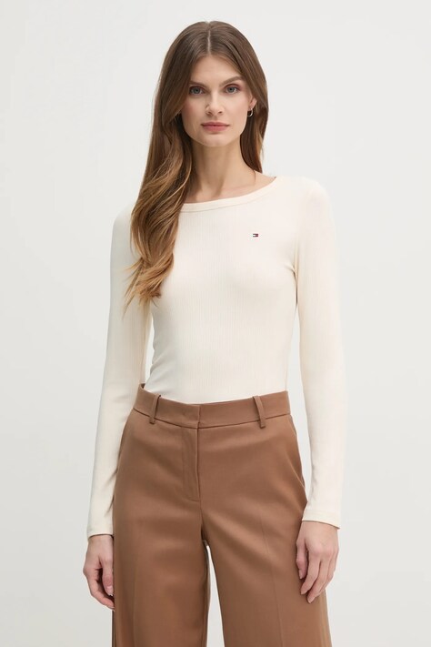 Tommy Hilfiger longsleeve femei, culoarea bej, WW0WW38869