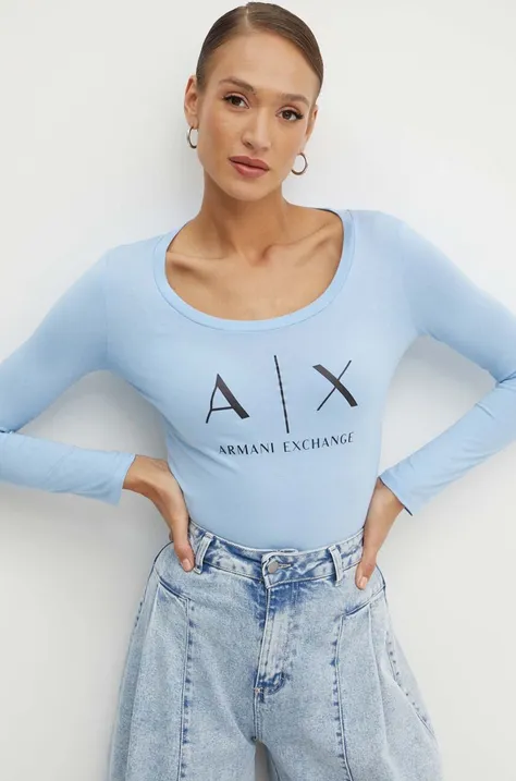 Памучна блуза с дълги ръкави Armani Exchange в синьо