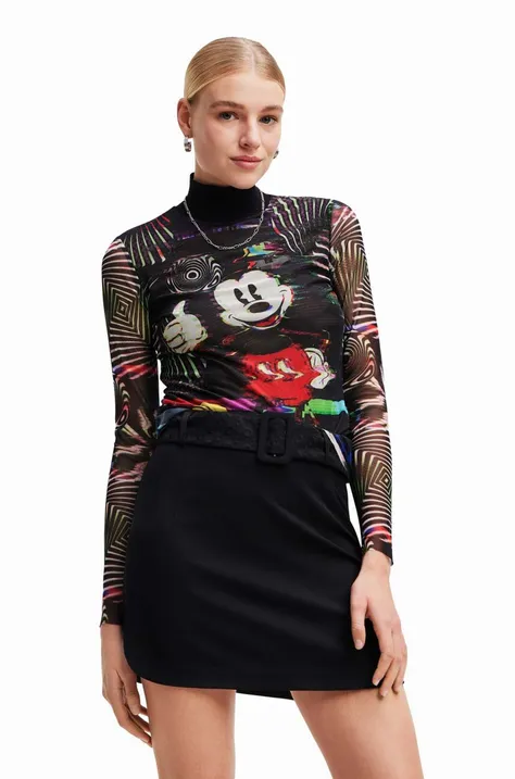 Tričko s dlhým rukávom Desigual x Disney dámske, čierna farba, s polorolákom