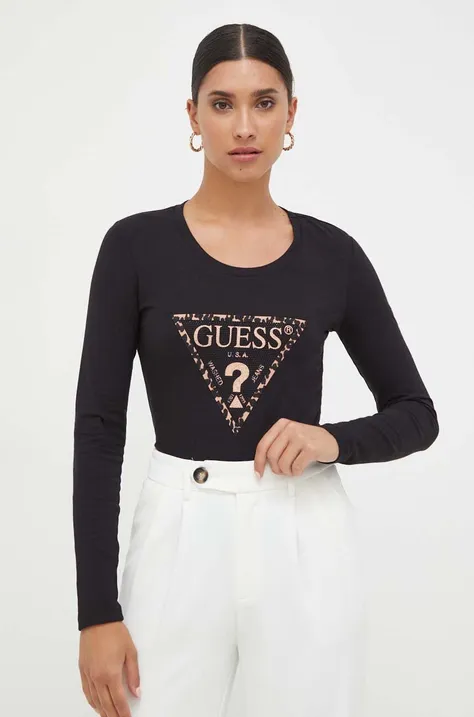 Majica z dolgimi rokavi Guess ženski, črna barva