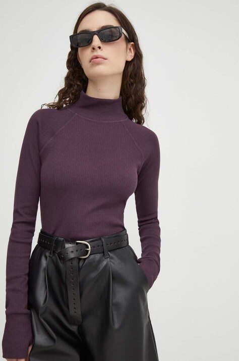 G-Star longsleeve din bumbac culoarea violet, cu turtleneck