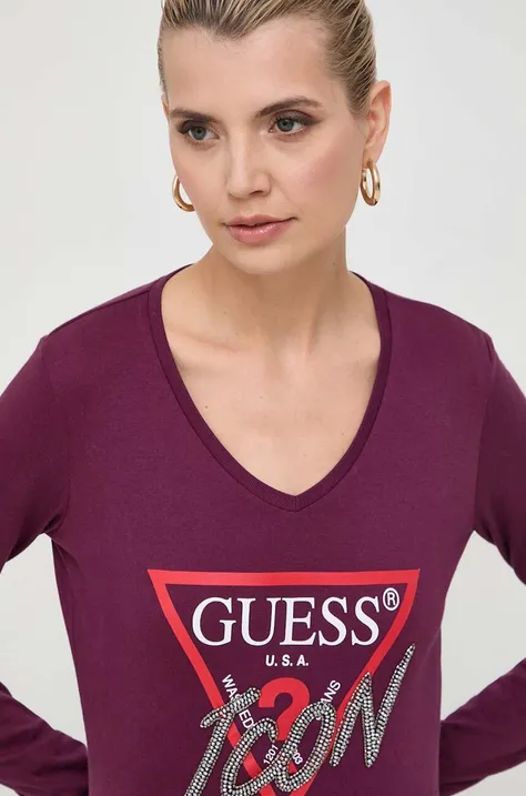 Pamučna majica dugih rukava Guess boja: ljubičasta