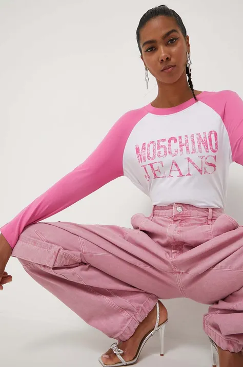 Βαμβακερή μπλούζα με μακριά μανίκια Moschino Jeans χρώμα: ροζ