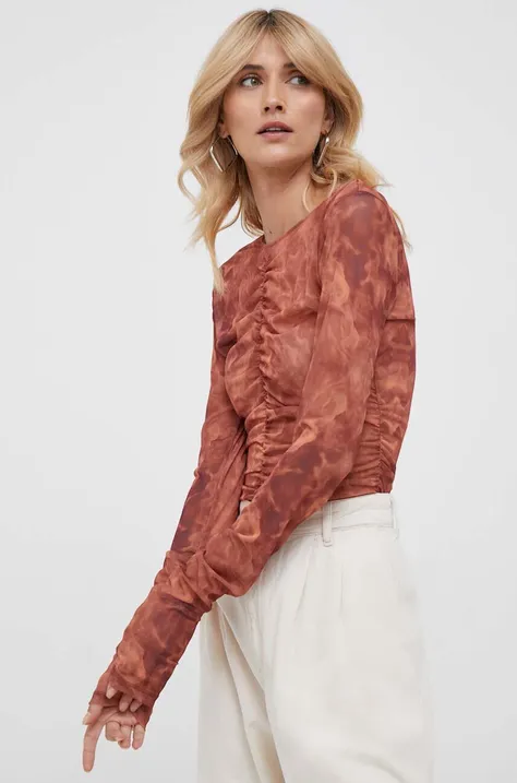Majica z dolgimi rokavi Sisley ženski, rjava barva