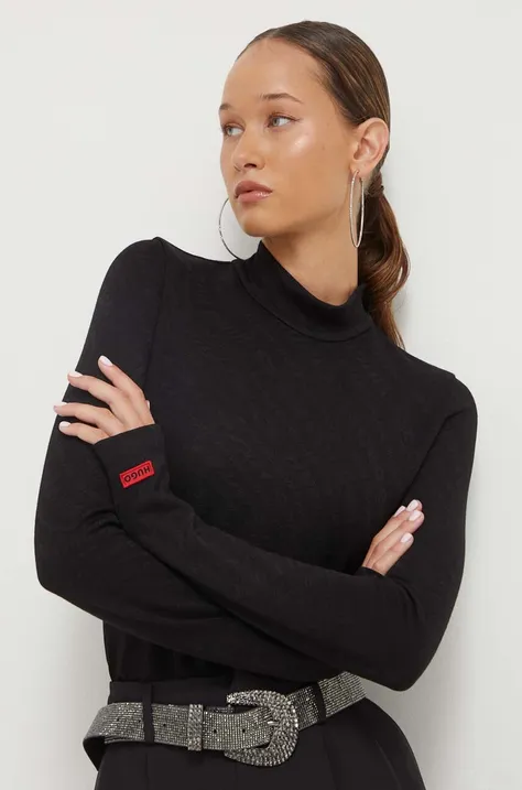 Tričko s dlhým rukávom HUGO dámsky, čierna farba, s polorolákom