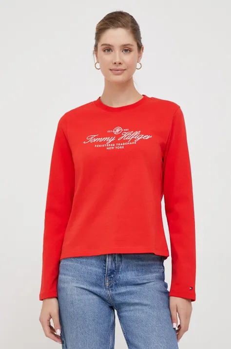 Bavlněné tričko s dlouhým rukávem Tommy Hilfiger červená barva