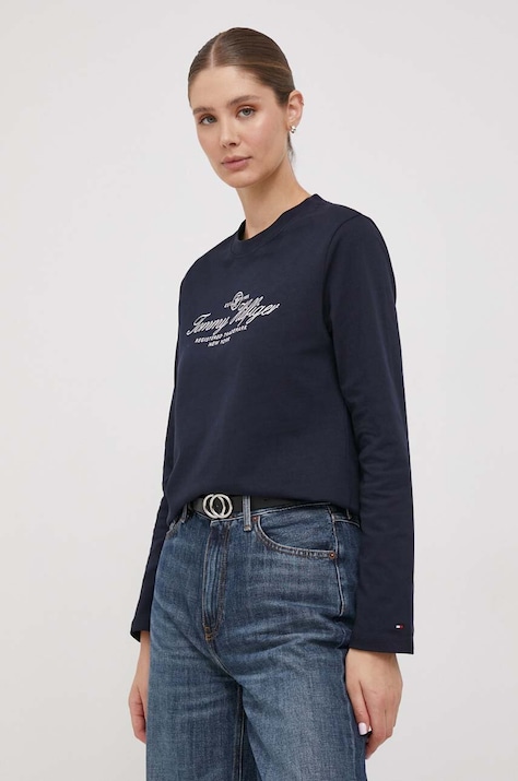 Tommy Hilfiger longsleeve din bumbac culoarea albastru marin
