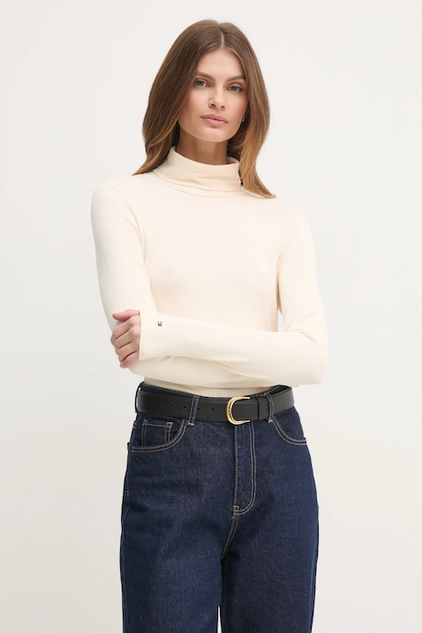 Tommy Hilfiger longsleeve femei, culoarea bej, cu guler