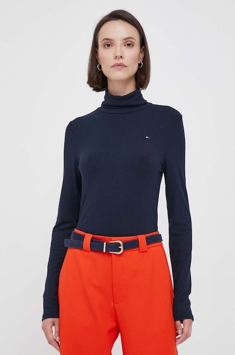 Tommy Hilfiger longsleeve femei, culoarea bleumarin, cu guler WW0WW39826