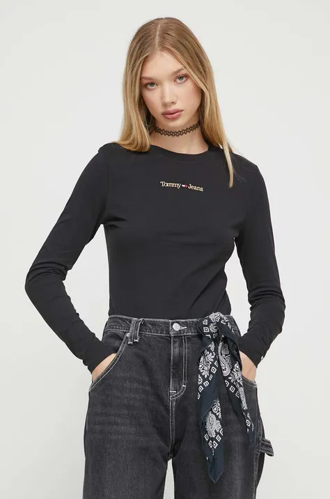Bavlnené tričko s dlhým rukávom Tommy Jeans čierna farba