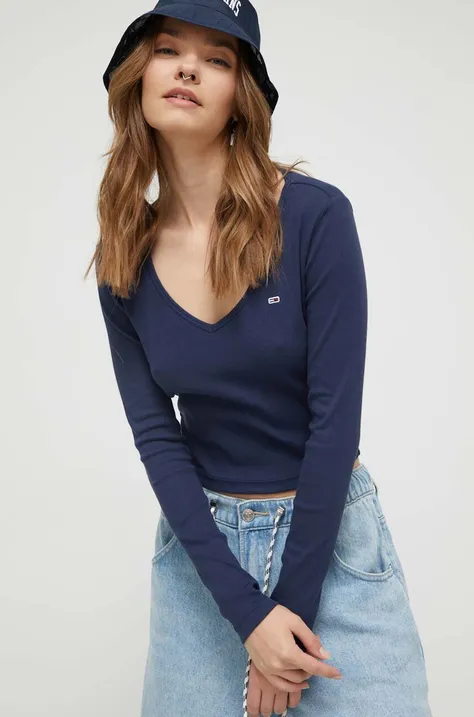 Majica z dolgimi rokavi Tommy Jeans ženski, mornarsko modra barva