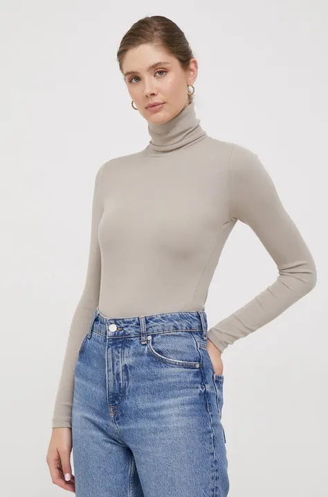 Tričko s dlhým rukávom Calvin Klein dámsky, béžová farba, s rolákom
