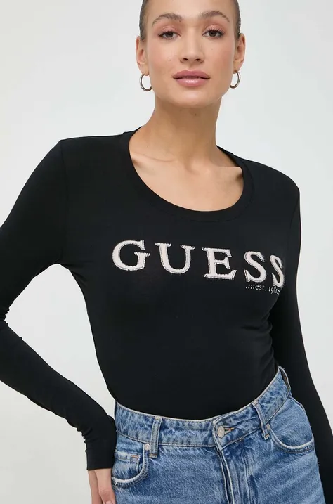 Majica dugih rukava Guess za žene, boja: crna