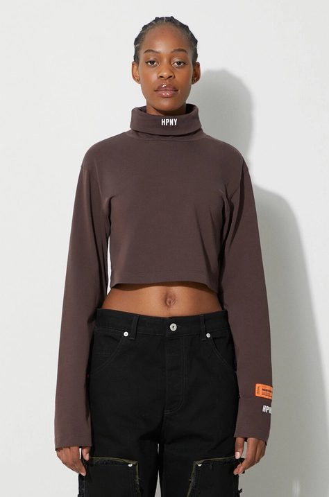 Heron Preston longsleeve din bumbac Hpny Crop Ls Rollneck culoarea maro, cu guler, HWAB026F23JER0016001