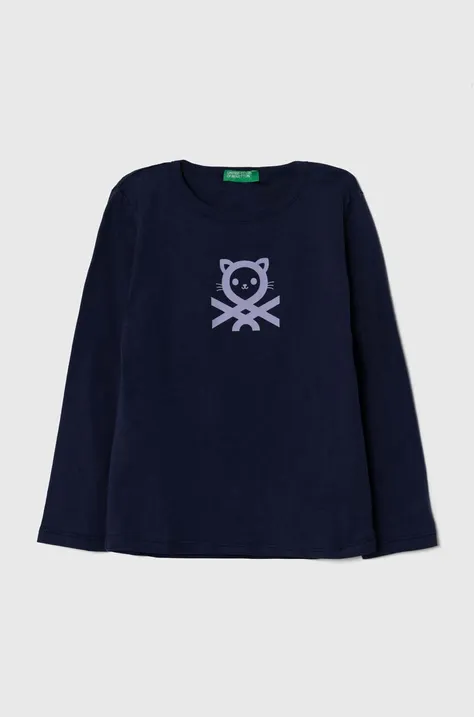 Otroška bombažna majica z dolgimi rokavi United Colors of Benetton mornarsko modra barva