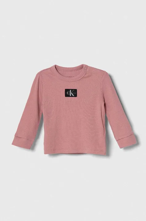 Detské tričko s dlhým rukávom Calvin Klein Jeans ružová farba, s nášivkou